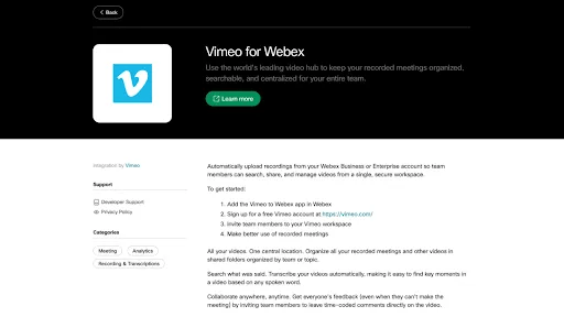 The Webex landing page is open in a browser.