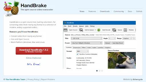 he HandBrake website offers a download button next to a screenshot of the tool in action