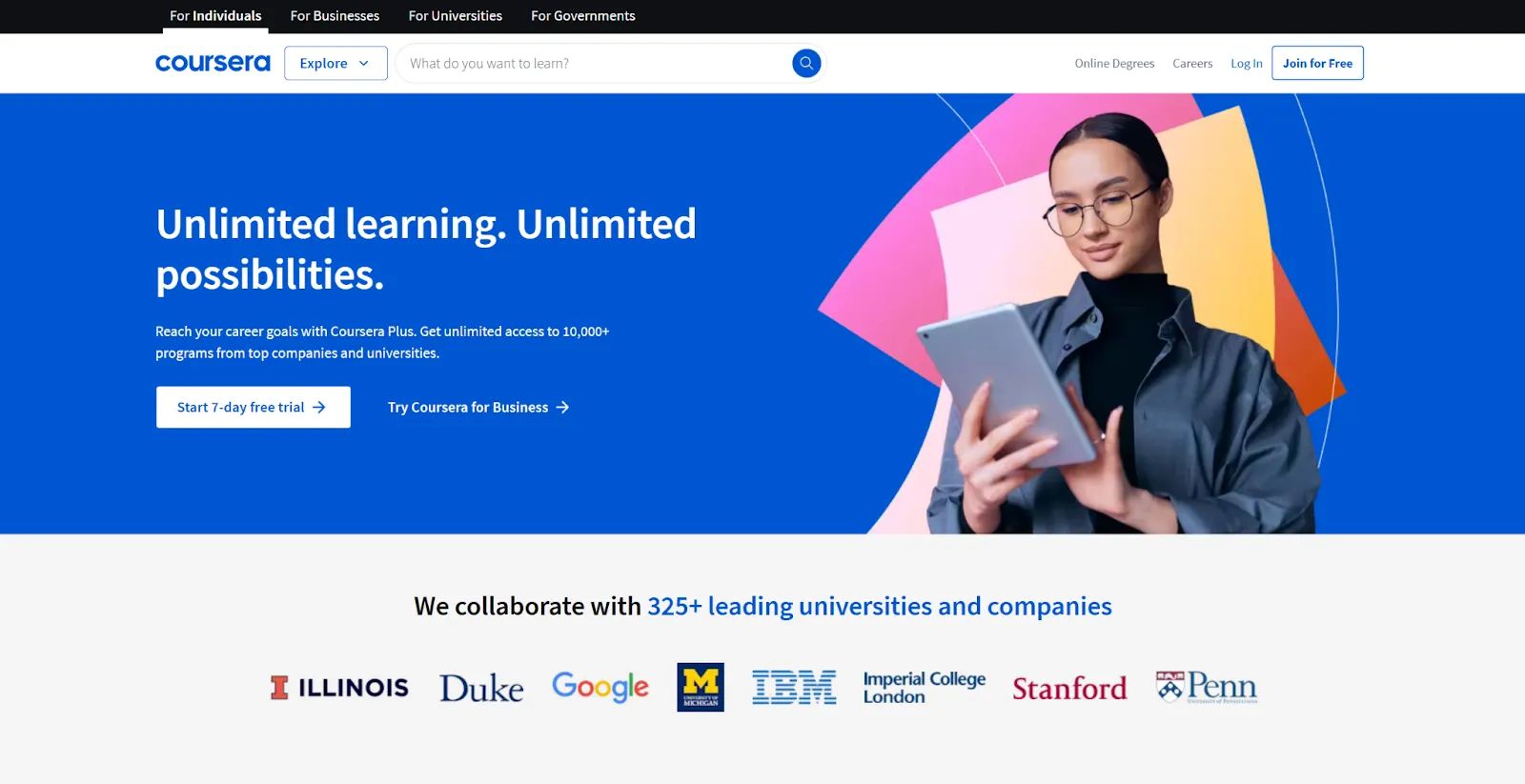 The Coursera homepage starts with the headline, “Unlimited learning. Unlimited possibilities.”