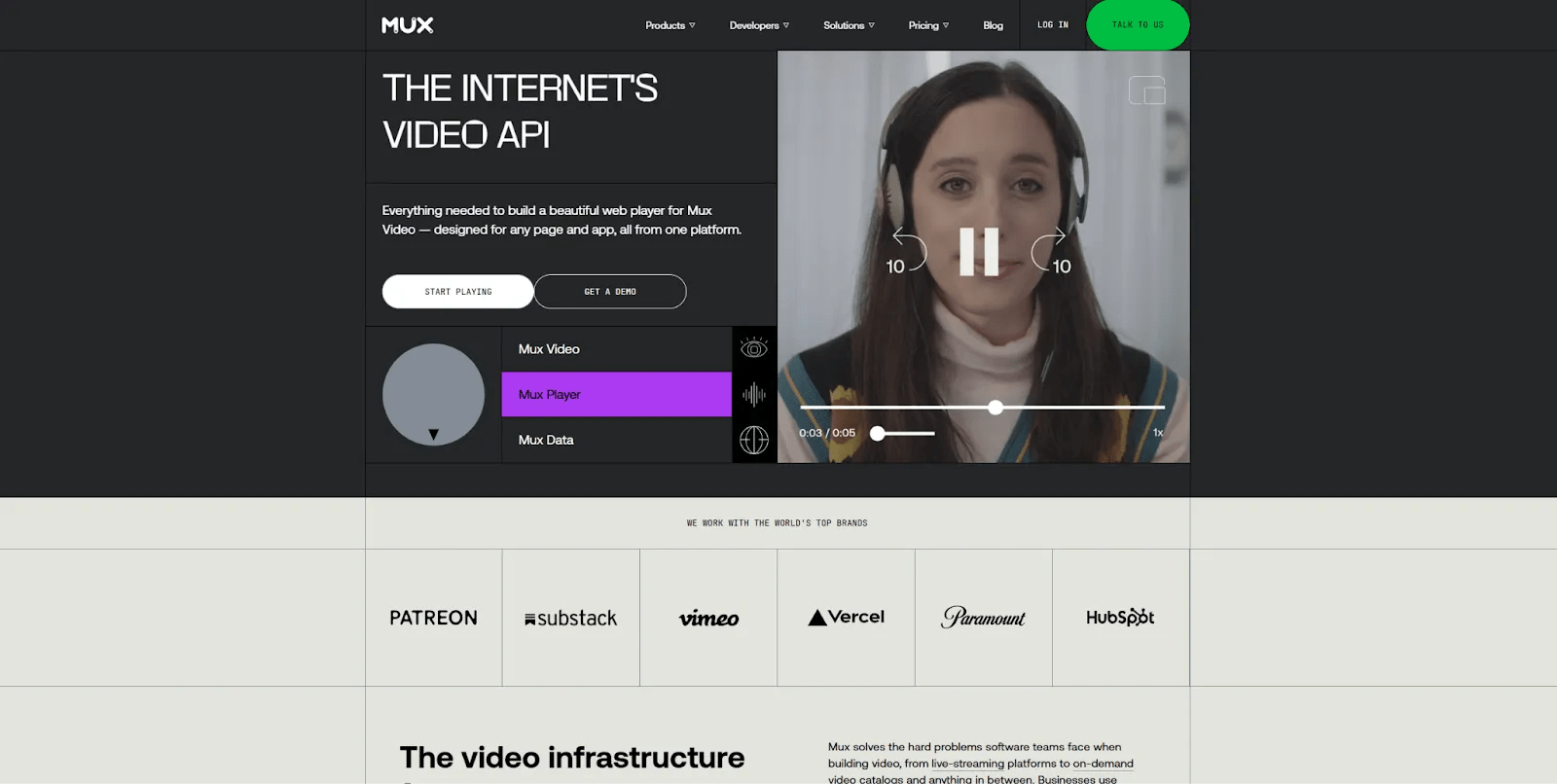 The Mux homepage begins with the headline, “The internet’s video API,” beside a video showing the tool in action.