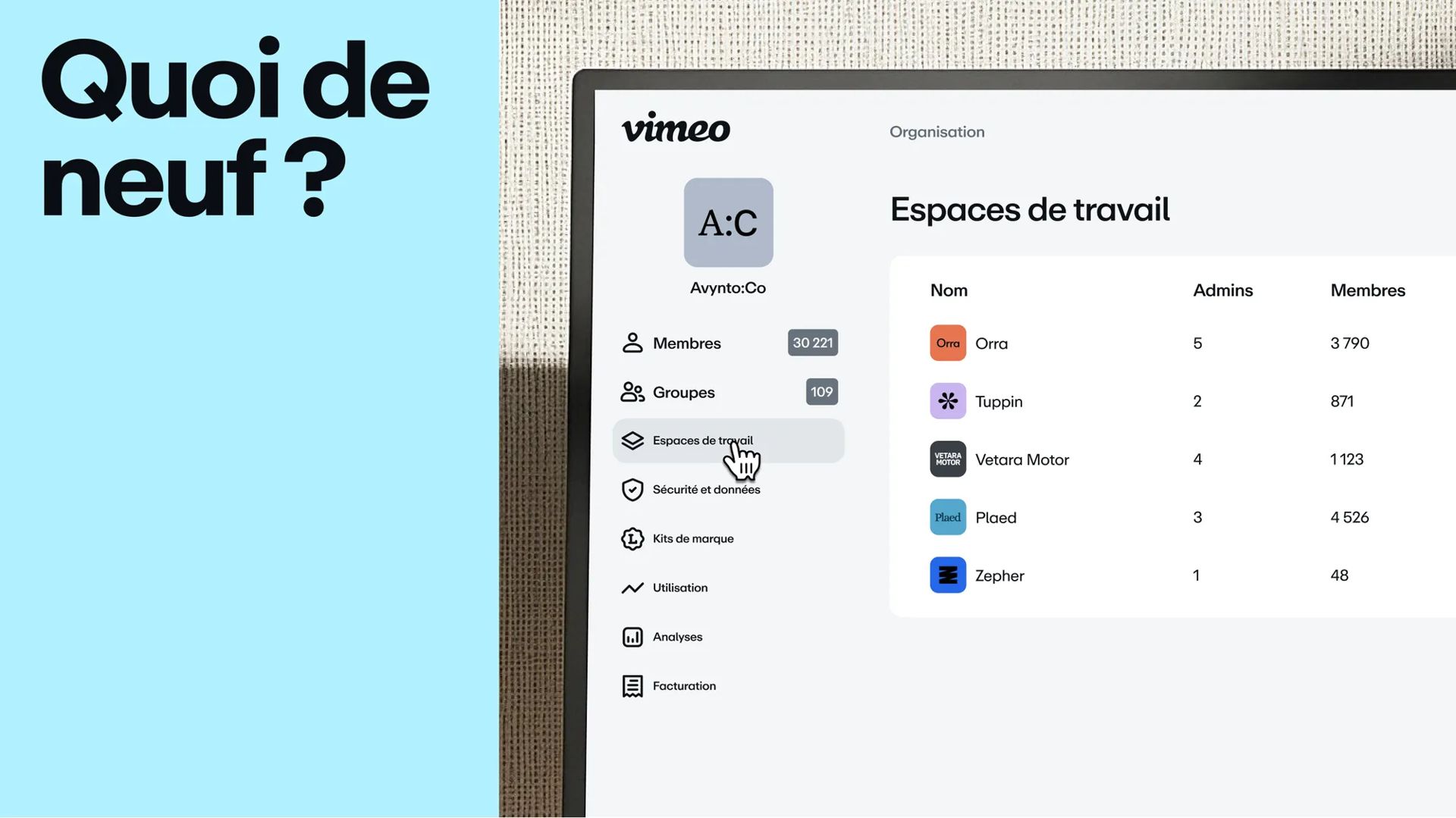 Interface utilisateur des espaces de travail Vimeo
