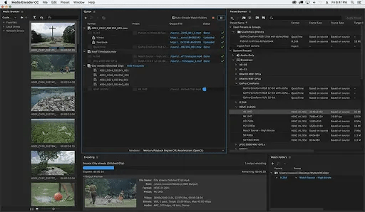 A screenshot of the Adobe Media Encoder while it’s encoding a video file