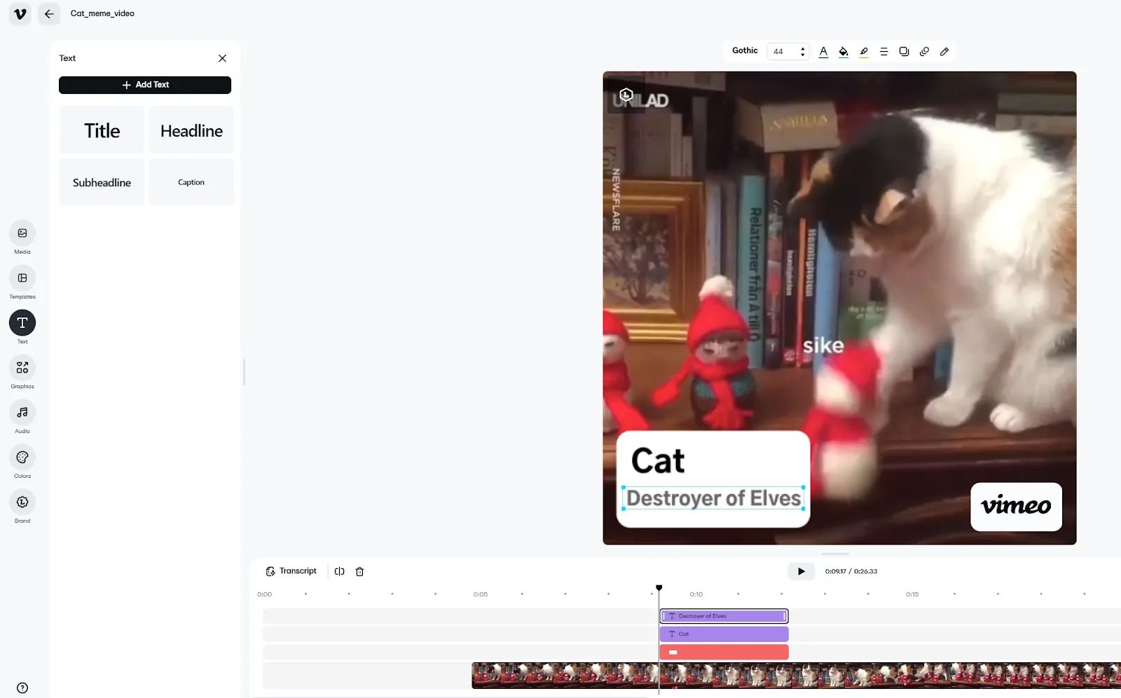 Lower thirds design elements pictured in the Vimeo video editor.