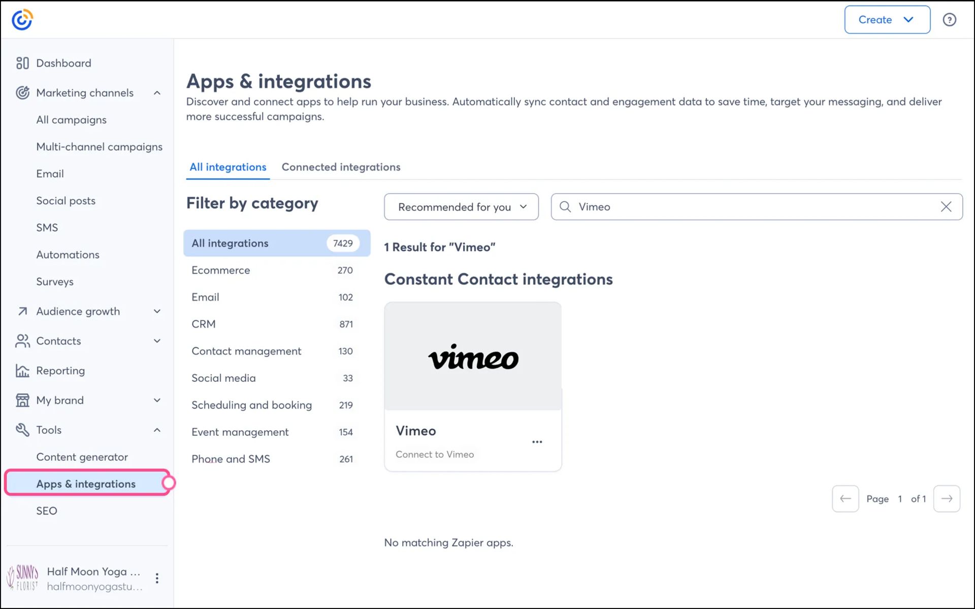 Vimeo Constant Contact integration for email marketing