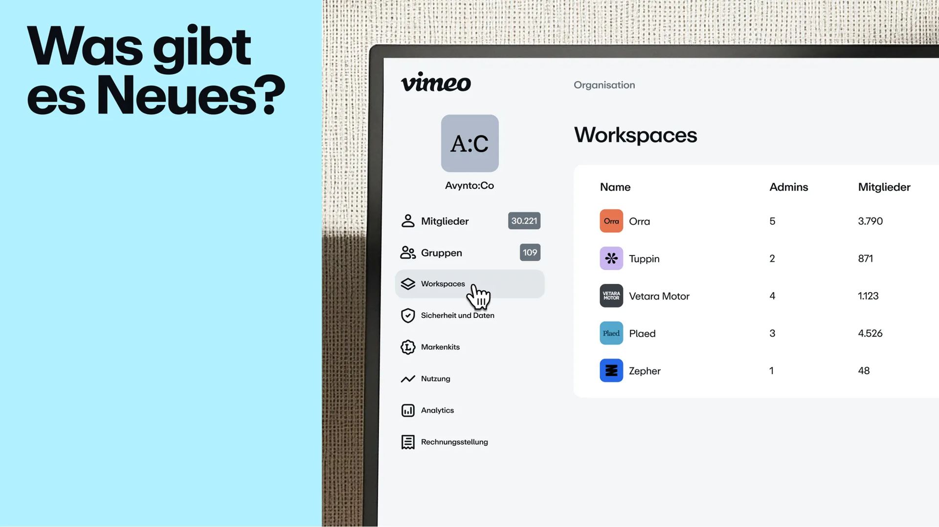 Benutzeroberfläche von Vimeo Workspaces
