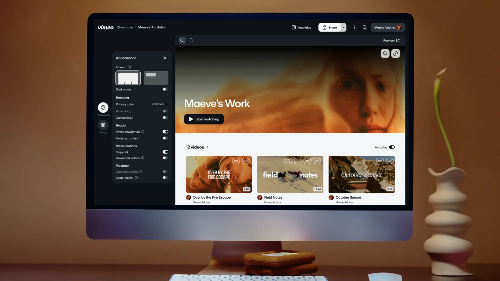 Computer screen showing Vimeo's Showcase interface
