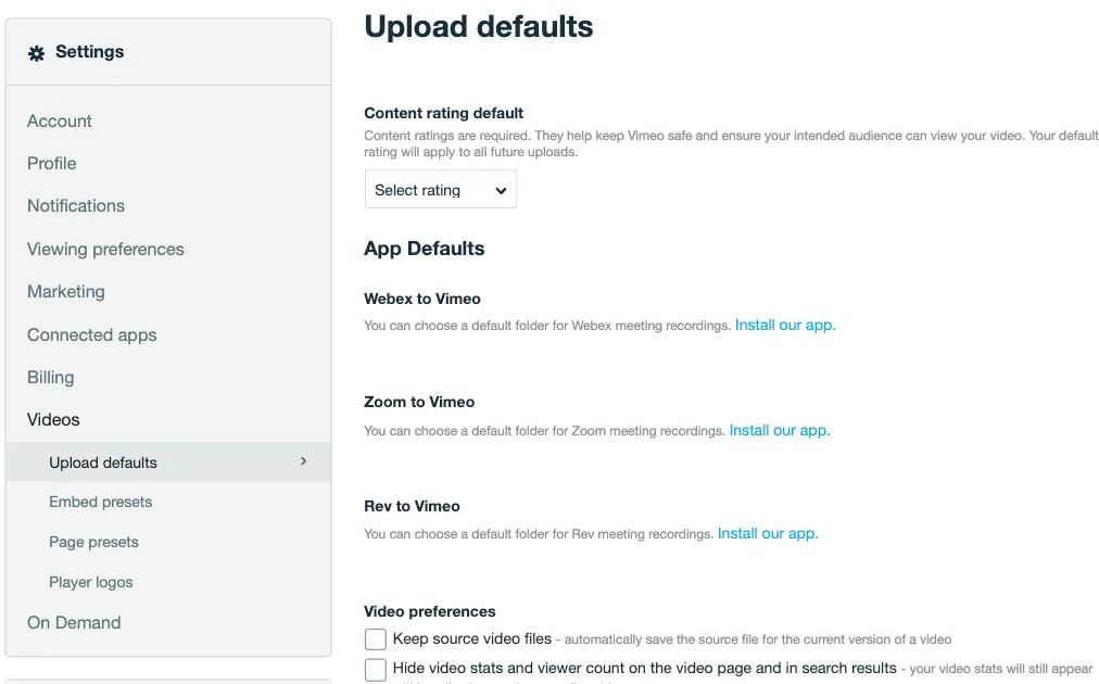 Vimeo upload defaults for Zoom, Webex, and Rev