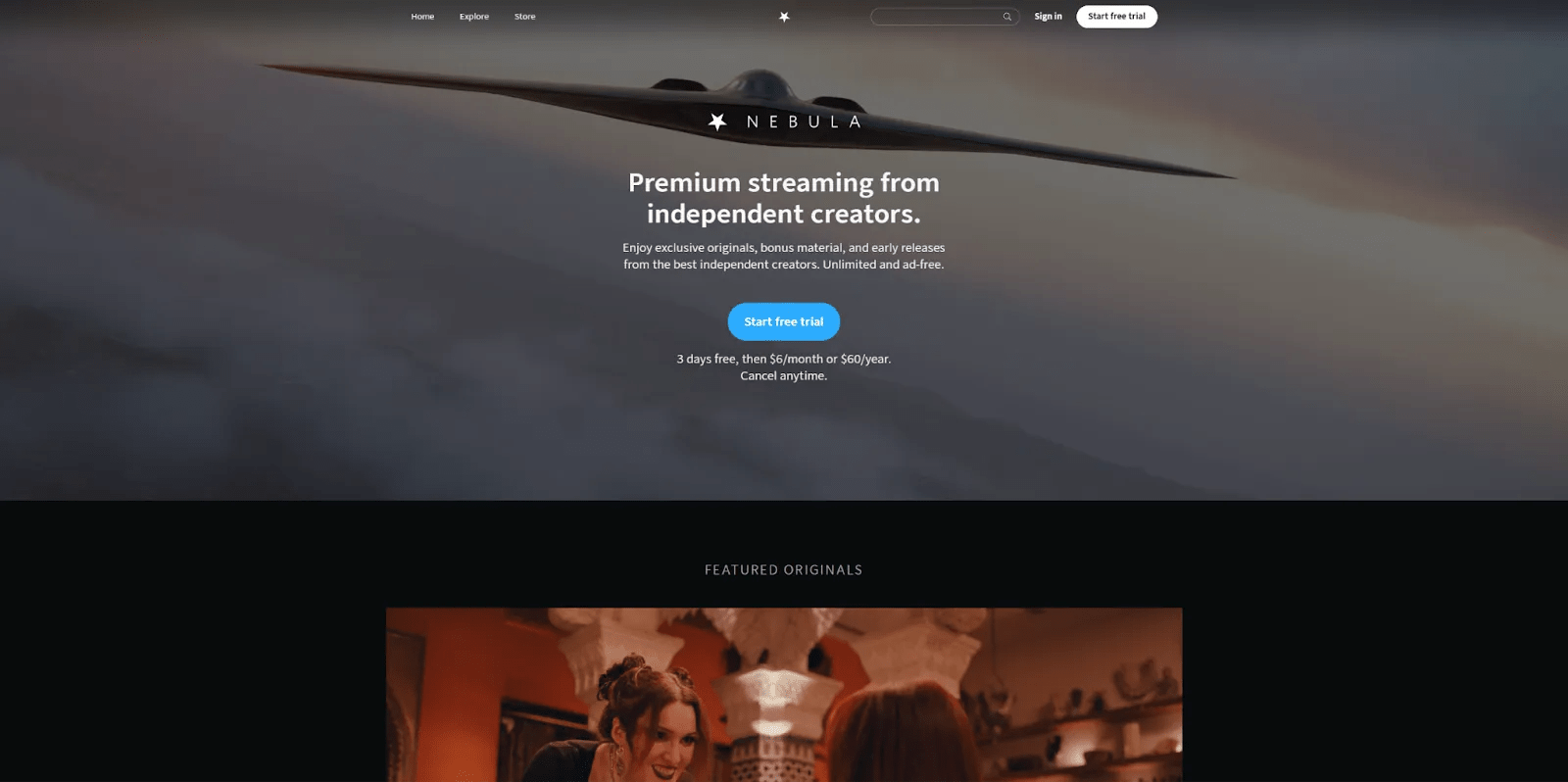 The Nebula homepage begins with the headline, “Premium streaming from independent creators.”