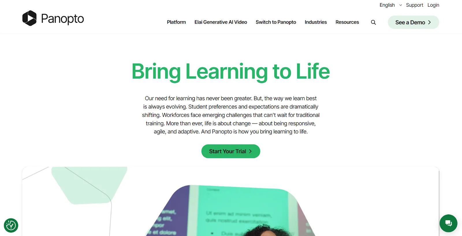 The Panopto homepage starts with the headline, “Bring Learning to Life.”