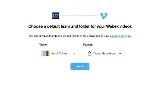 Two drop-down menus offer the user options for which Team and Folder they want to upload recordings to.