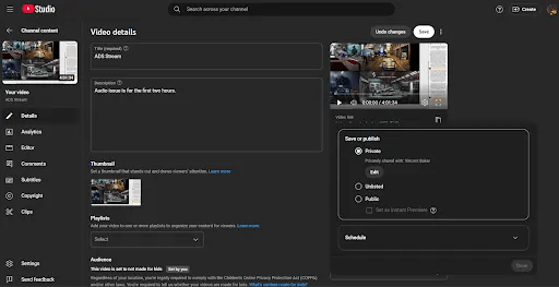  A screenshot of the YouTube Studio options for sharing videos that are private or unlisted or public