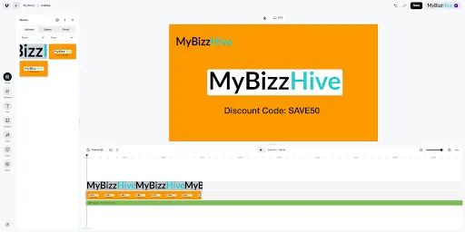 The Vimeo video editor, with the media tab open and showing thumbnails of visual assets.