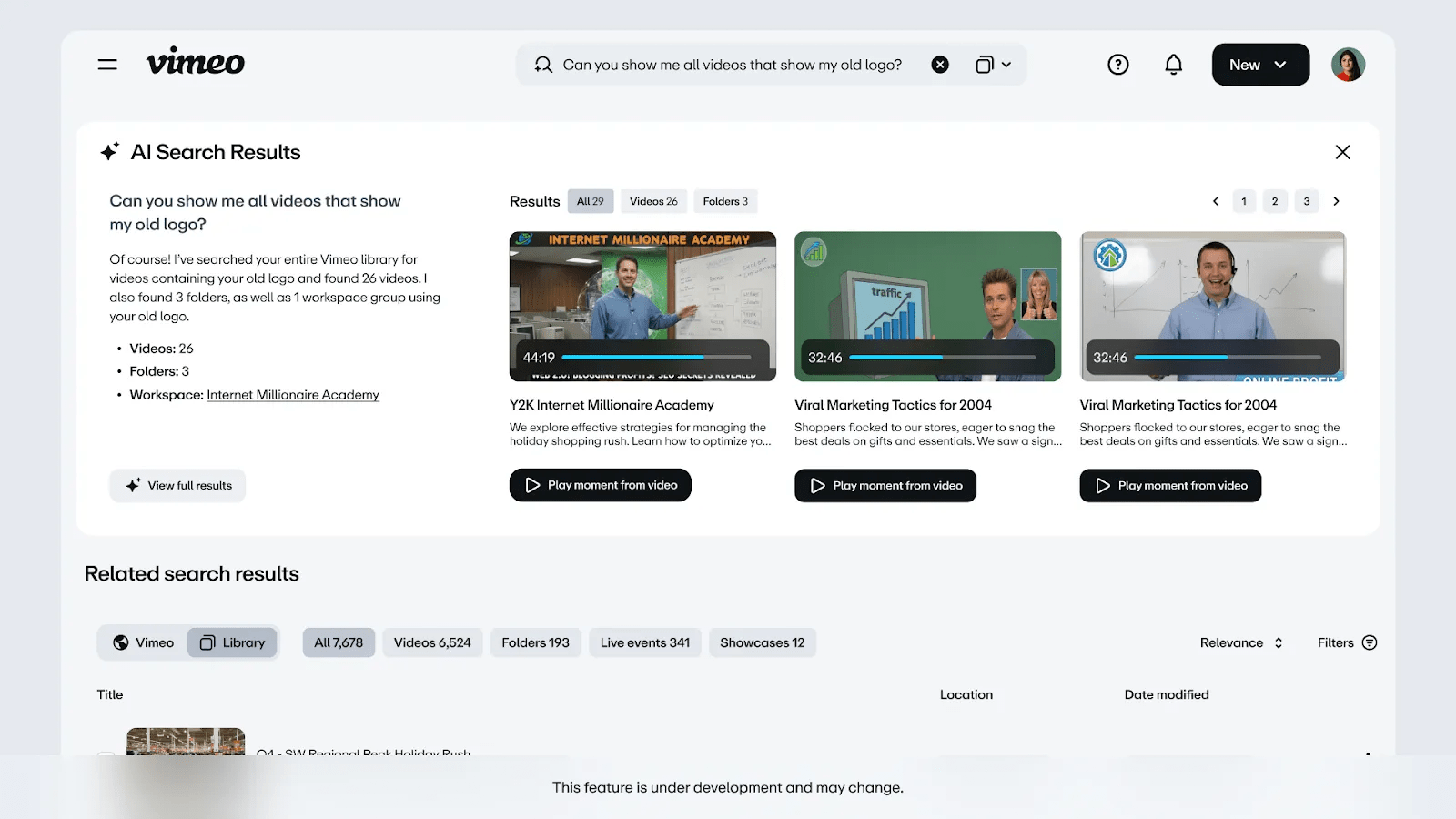 Vimeo AI search results Ask AI