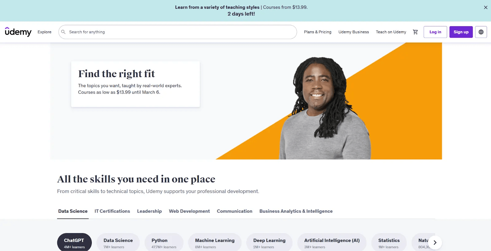 The Udemy homepage starts with the headline, “Find the right fit.”