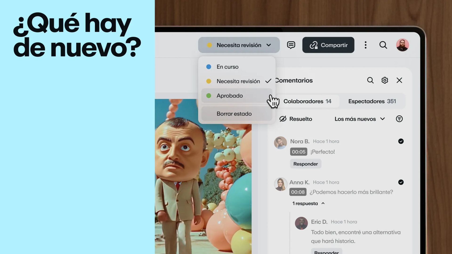 Pantalla de computadora portátil que muestra la interfaz de usuario de Vimeo Review