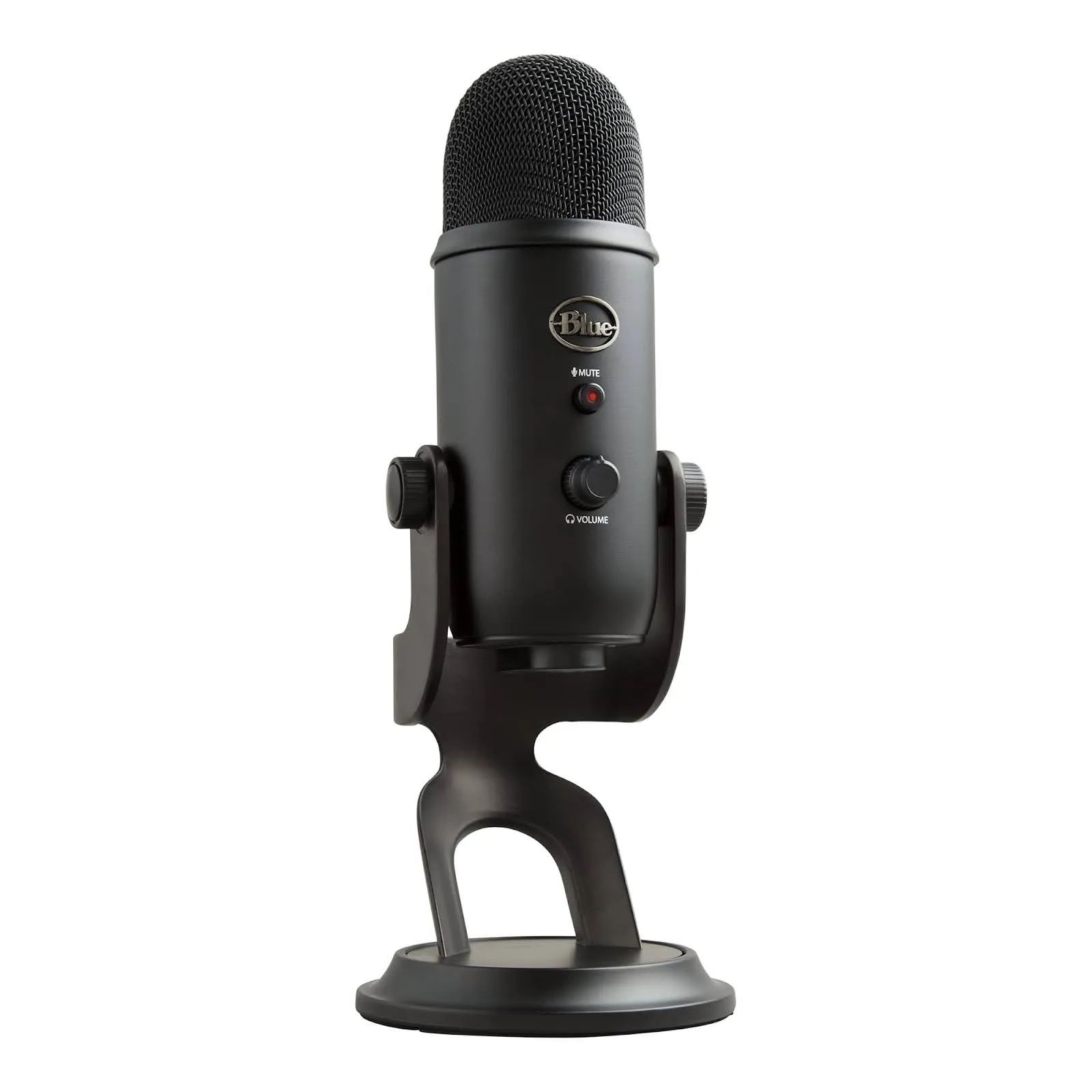 Black Blue Yeti USB microphone on a desktop stand, featuring a mesh grille, volume knob, mute button, and gain control.