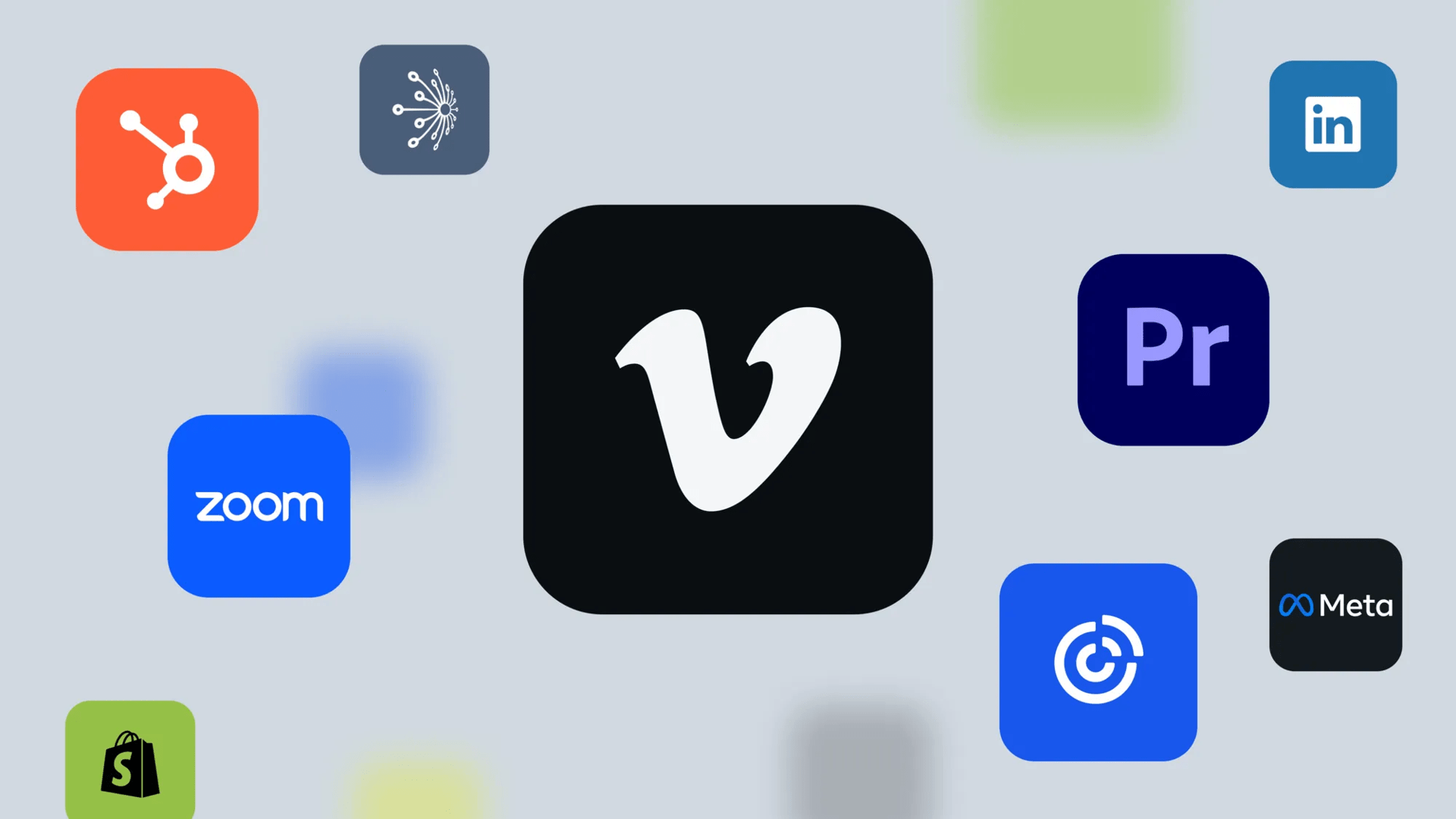 Vimeo logo is shown floating near logos like Zoom, Adobe Premiere Pro, LinkedIn, Hubspot, Meta, and others.
