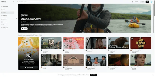 The Vimeo watch page lists ten videos in a featured gallery grid.