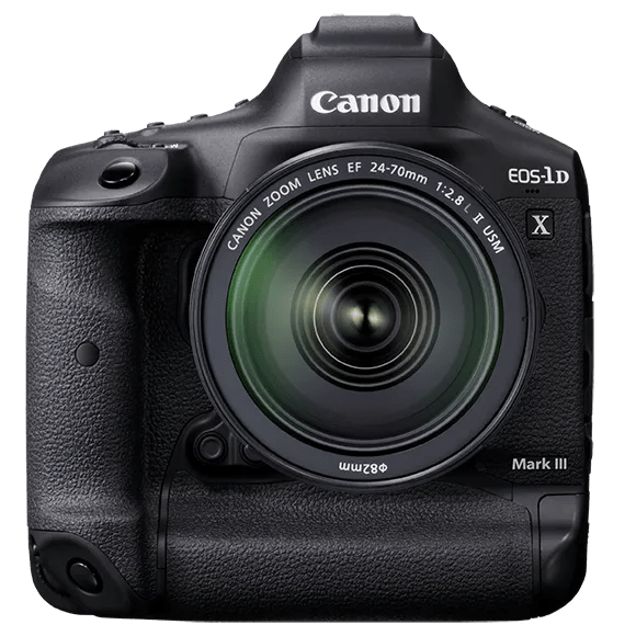 Front view of a Canon EOS-1D X Mark III DSLR camera body, showing the lens mount and controls.