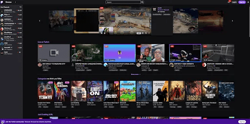 The Twitch homepage features rows of recommended streams to watch.
