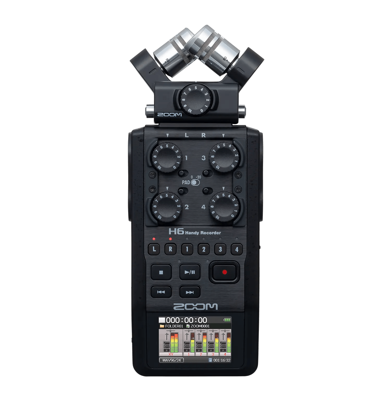 Zoom H6 handheld digital audio recorder with LCD display, control buttons, and modular XLR/TRS input capsule mounted on top.