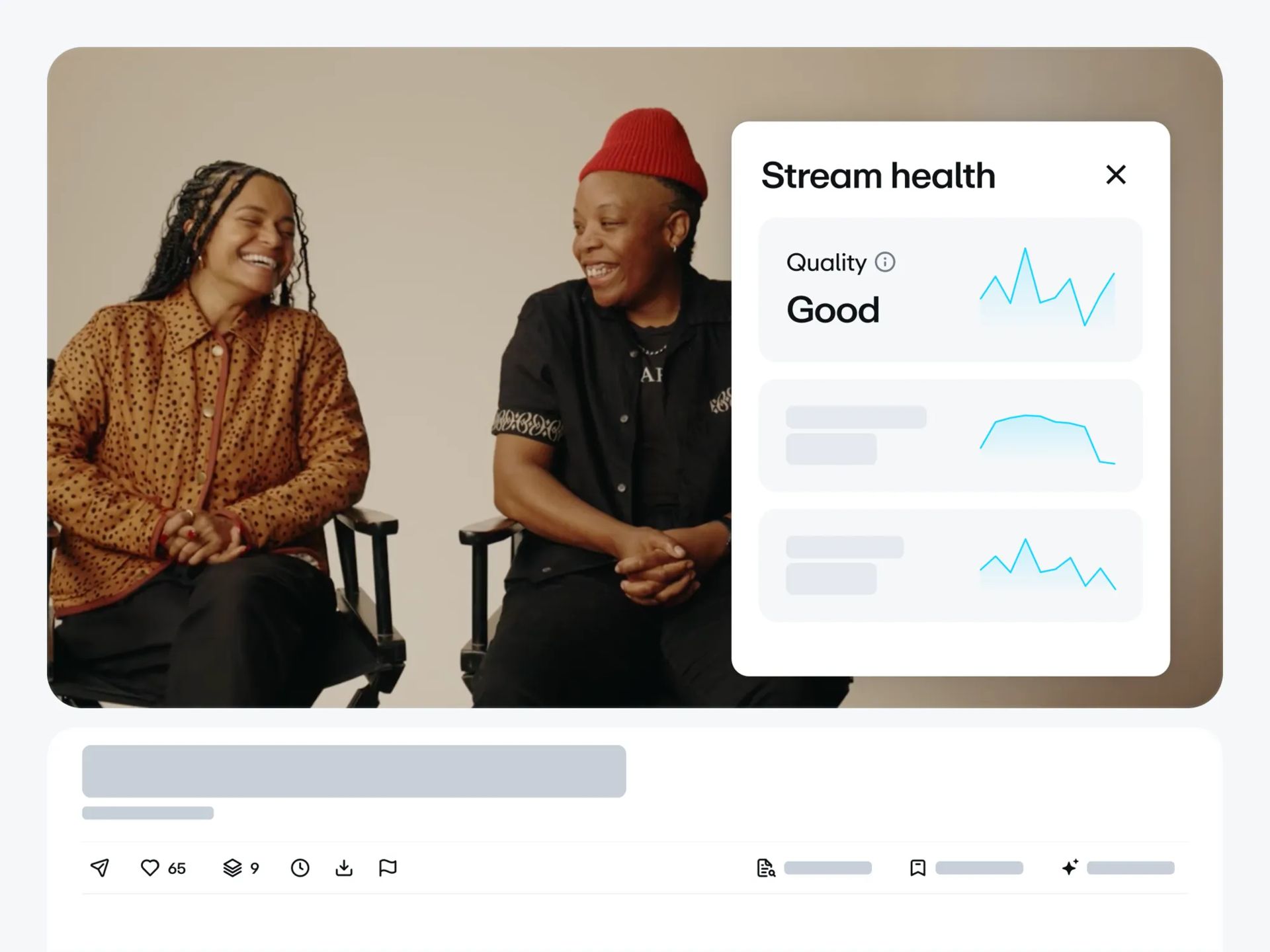 Two people speaking to each other overlaid by a screen that says stream health showing a good quality video stream in progress