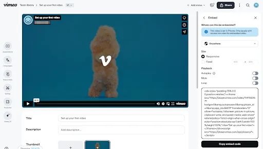 Copying an embed code for a looping video in Vimeo’s video editor.