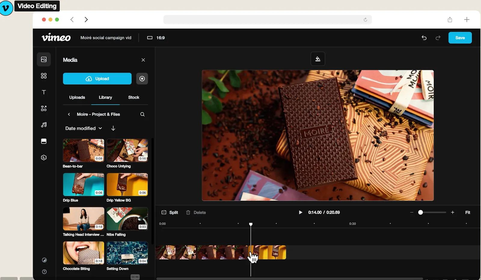 Vimeo video editing dashboard displaying a chocolate-themed video in progress, with media library thumbnails on the left and video timeline below the preview window.