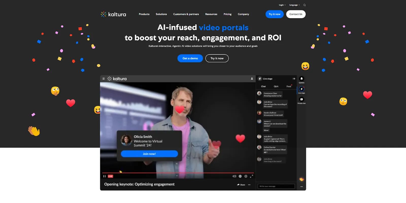 The Kaltura homepage begins with the headline “AI-infused video portals to boost your reach, engagement, and ROI.”