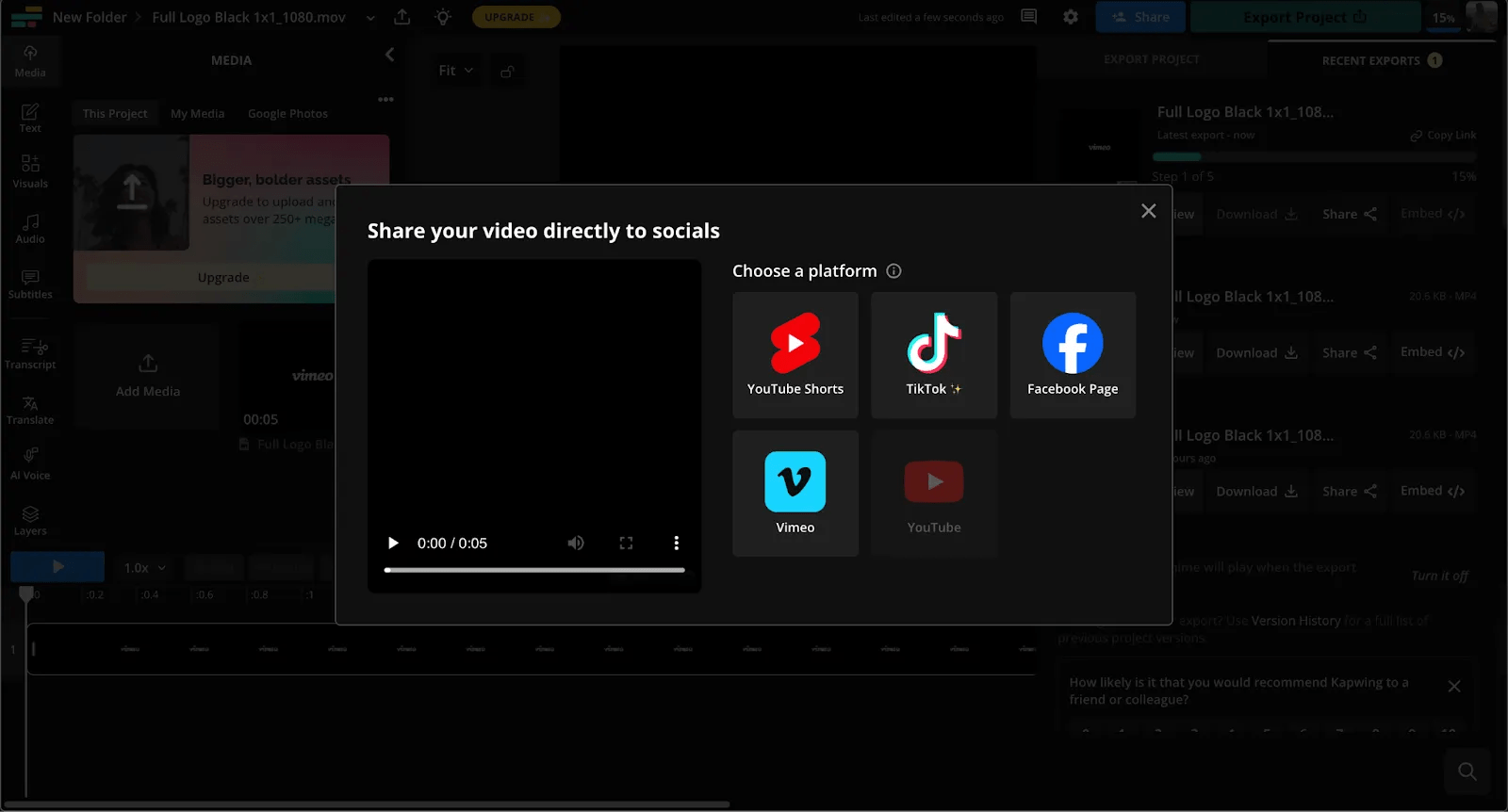 Choosing which platform to share a video directly to socials like Facebook, TikTok, Vimeo, and Instagram