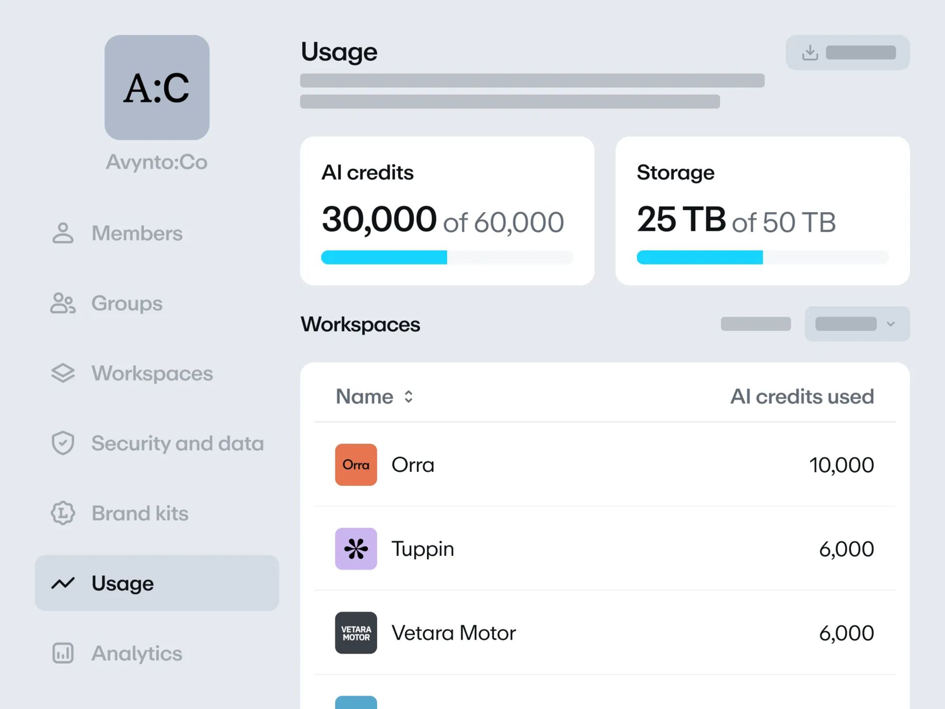 Vimeo Workspaces usage dashboard showing storage limits and AI credits