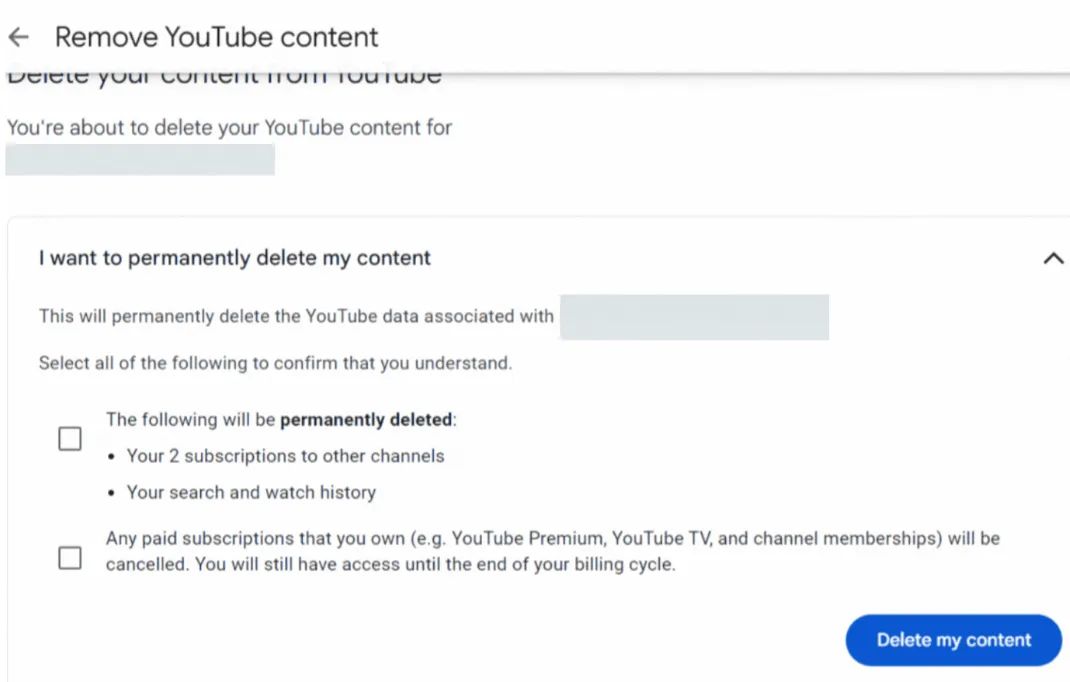 Alt text: The option to “Delete my content” appears under two checkboxes notifying the user of what will be deleted.