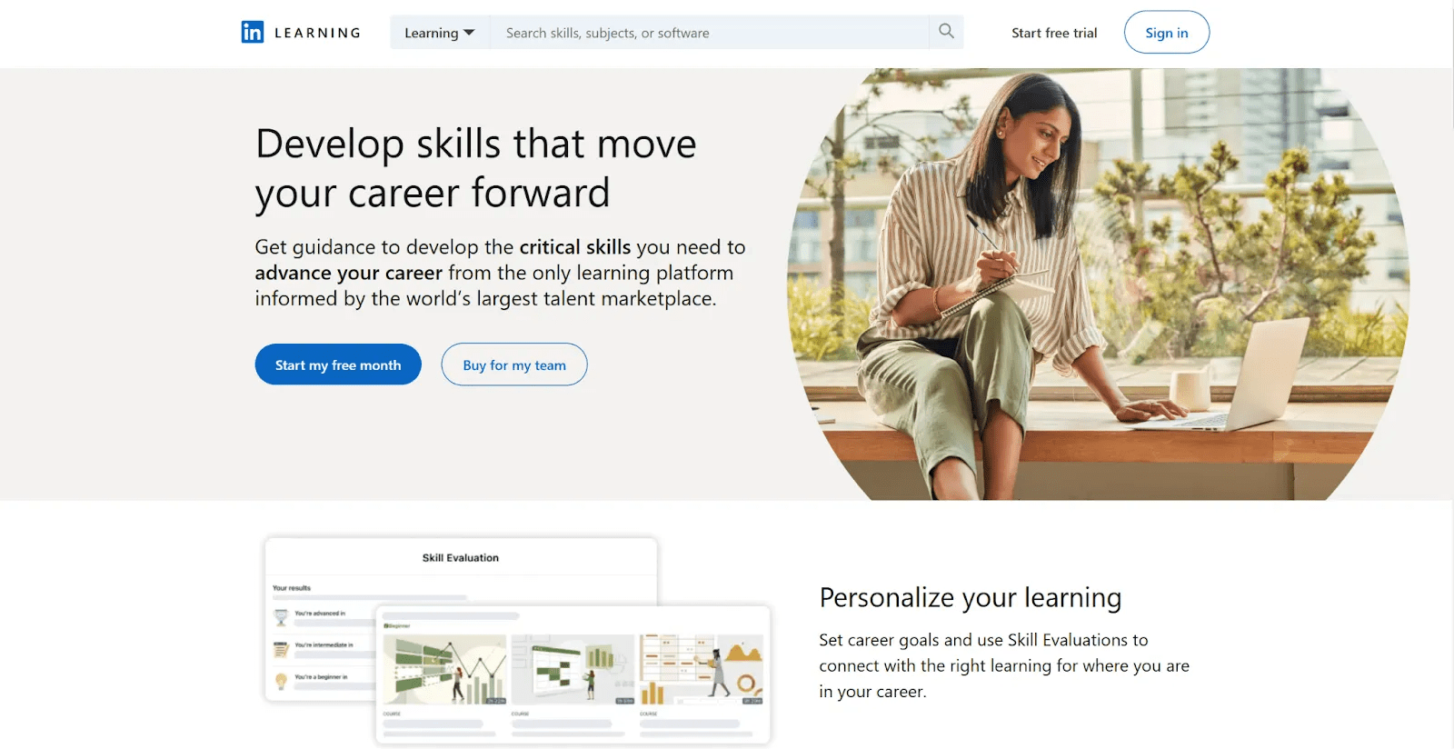 The LinkedIn Learning homepage starts with the headline, “Develop skills that move your career forward.”