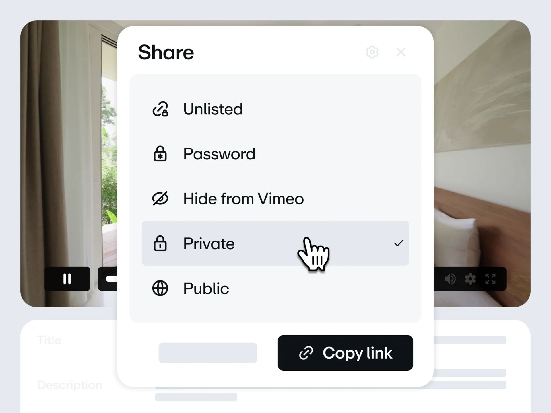Vimeo video privacy settings that includes private, password-only, public, and unlisted