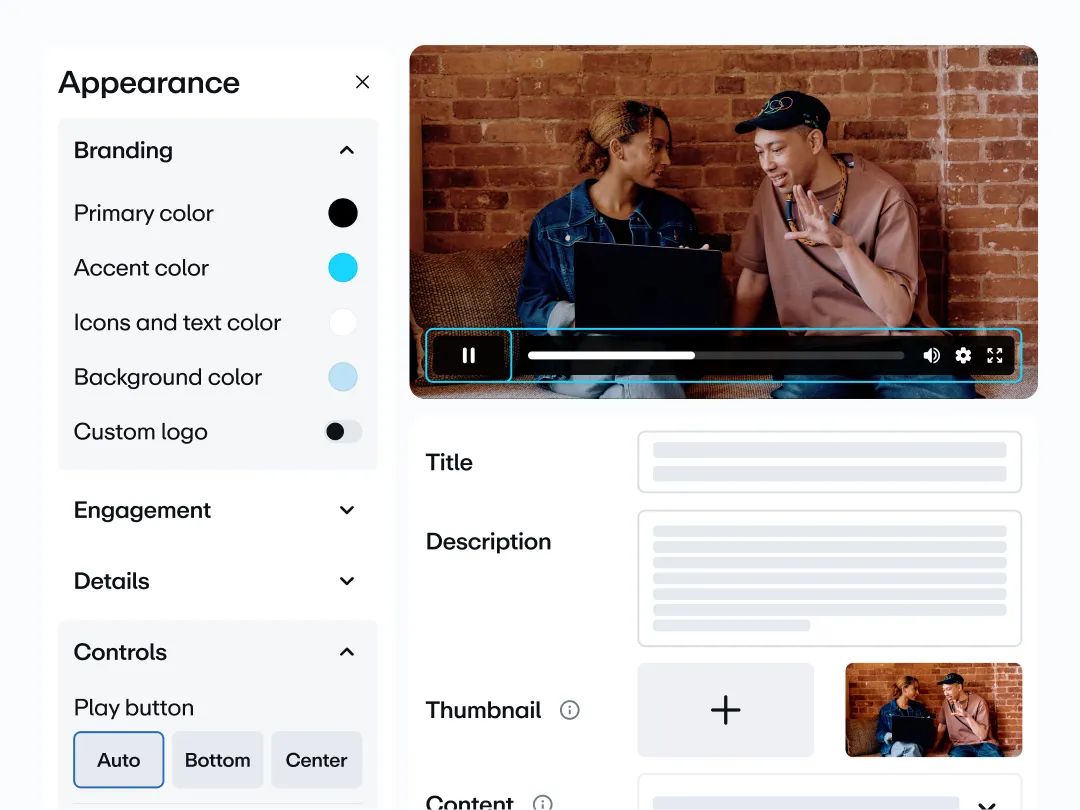 Vimeo’s Video Player customization interface with branding options, color controls, and a video featuring two people using a laptop.