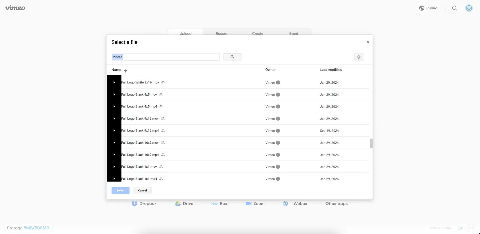 Vimeo and Google Drive select a file