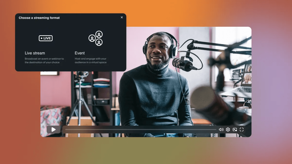 Image of a man sitting at microphone with a modal prompting to live stream or start an event