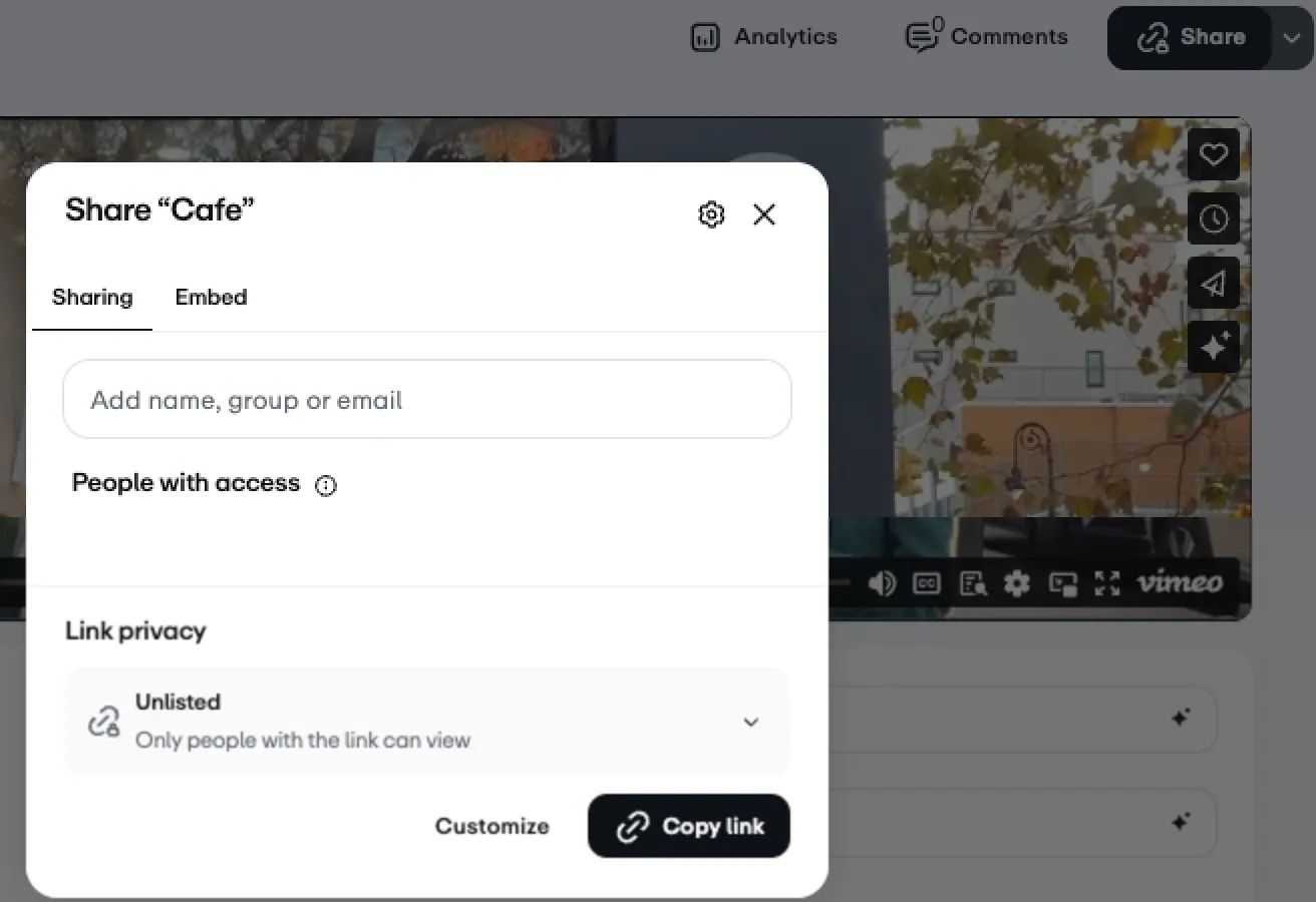Copy Vimeo video link modal