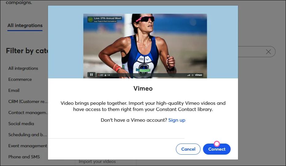 Vimeo Constant Contact integration connect