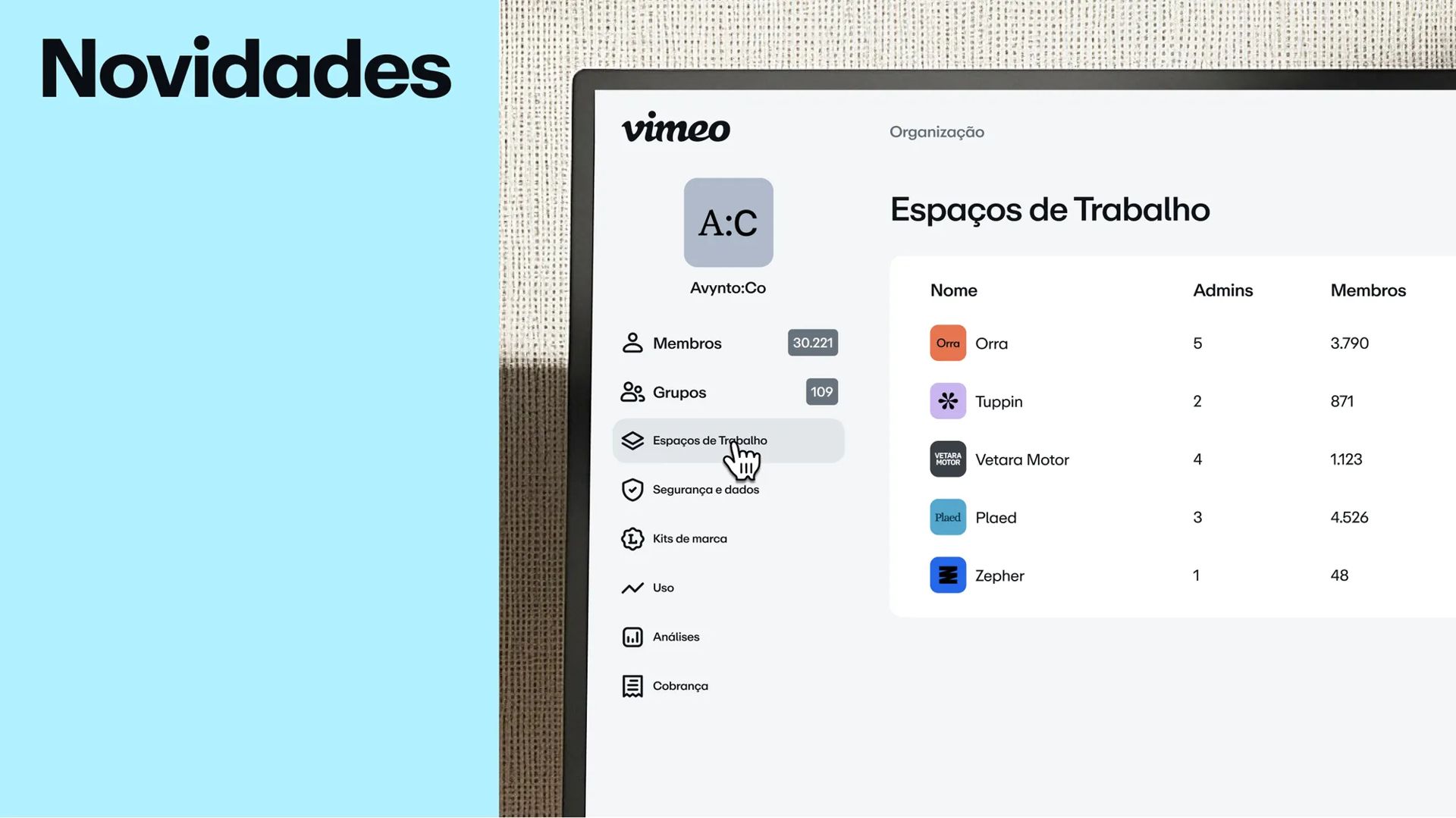 Interface dos Espaços de Trabalho do Vimeo