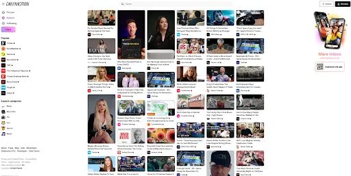 The Dailymotion homepage shows a list of active creators on the left and a dense gallery grid of videos in the center.