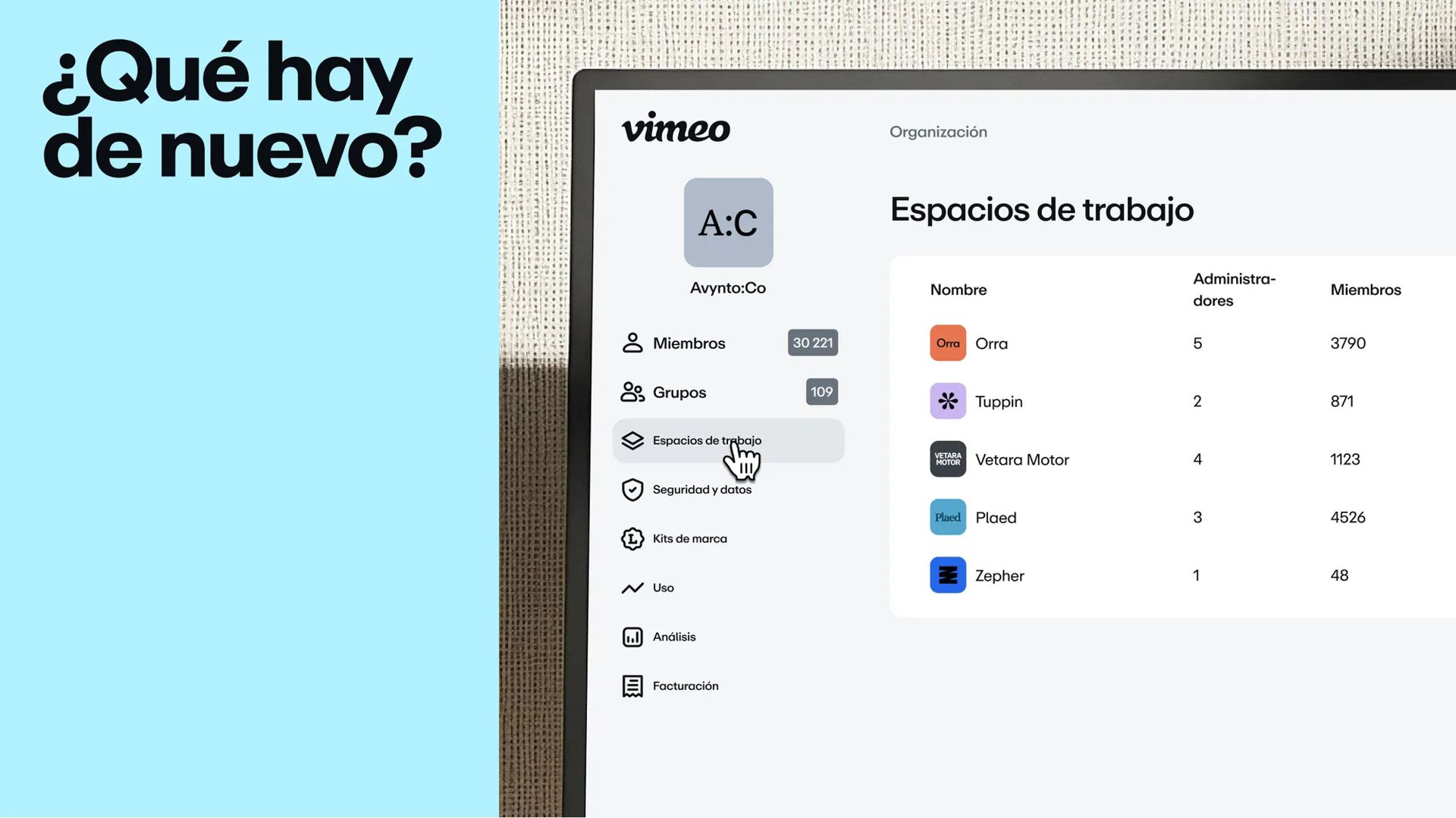 Interfaz de usuario de Espacios de trabajo de Vimeo