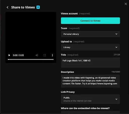Connecting to Vimeo from Kapwing from your video library