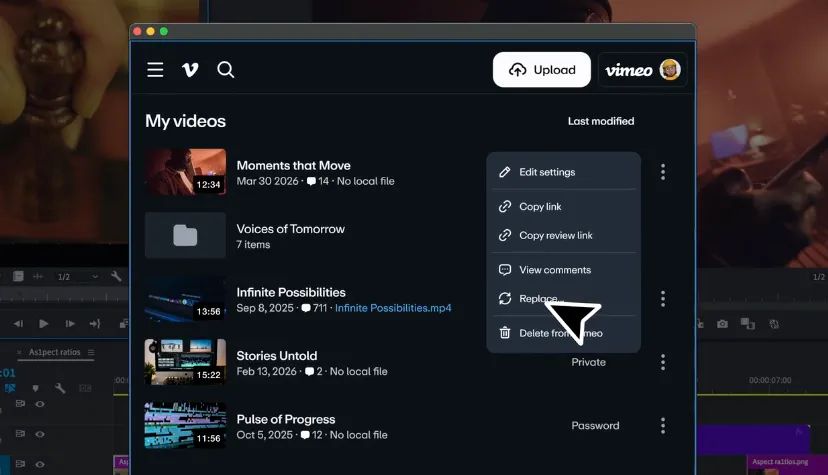 Vimeo Adobe Premiere Pro integration replace video