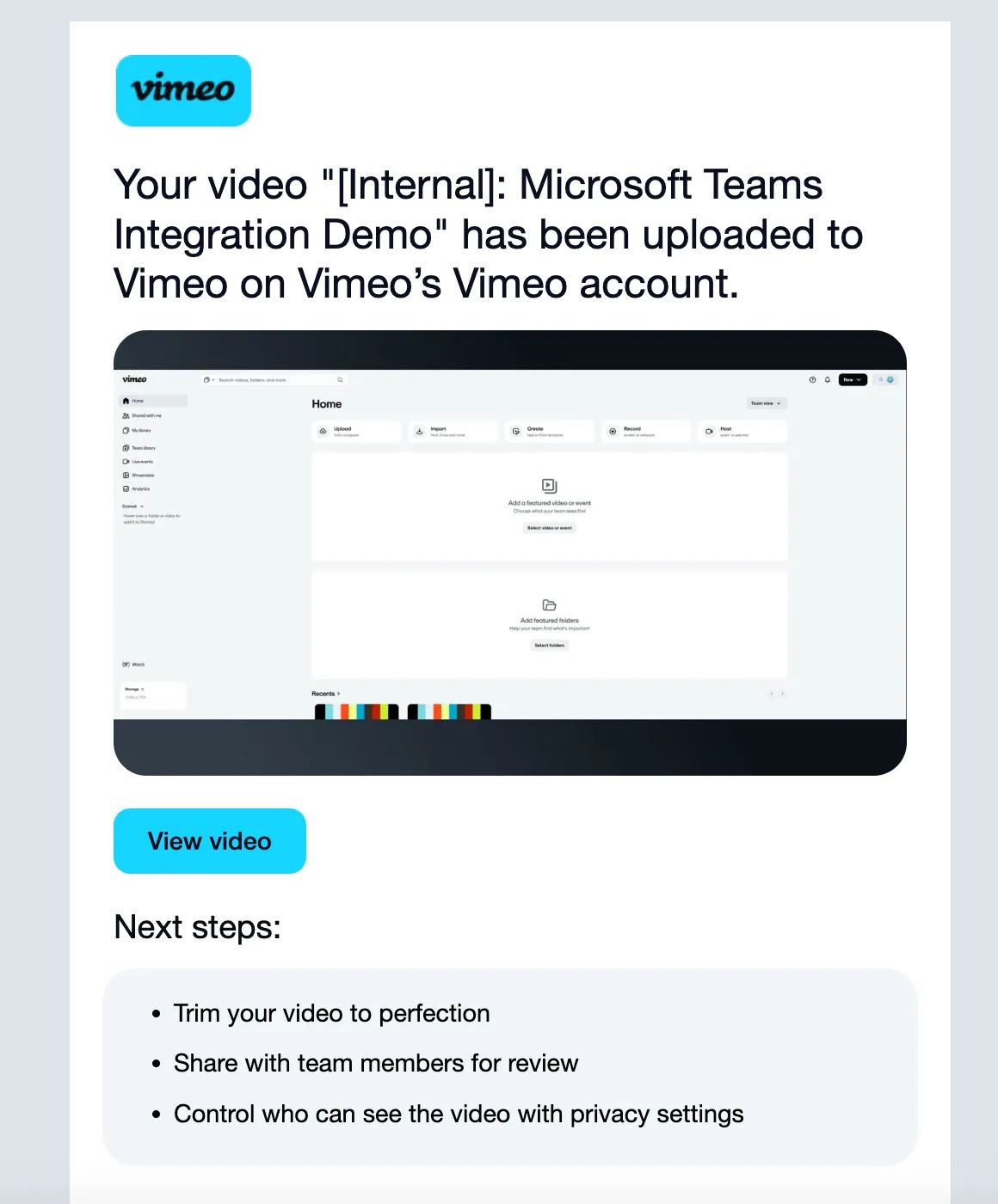 Upload Zoom video to Vimeo account folder