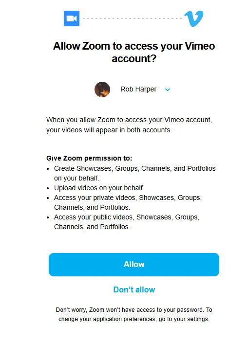 A page asking for permission for Zoom to access videos.