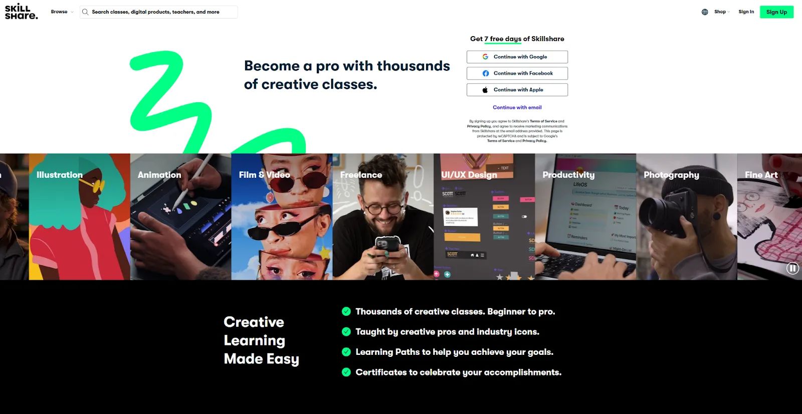 The Skillshare homepage starts with the headline, “Become a pro with thousands of creative classes.”