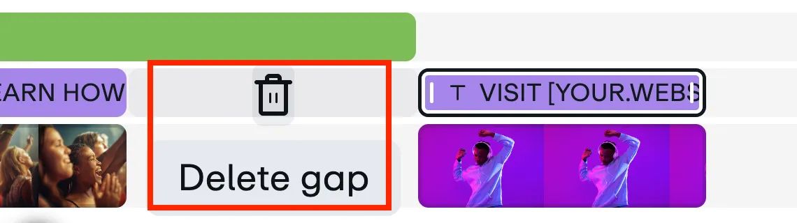 Option to delete a gap between clips in the video editor featured in a red box. 