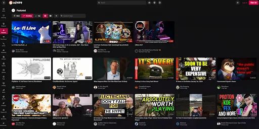 The Odysee homepage lists three rows of on-demand videos with a long list of categories on the left-hand menu.