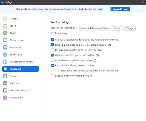 The Recording settings within Zoom.